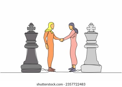 Single continuous line drawing two Arabian businesswomen shaking hands together while standing between of king chess pieces. Collaboration strategy to success together. One line graphic design vector