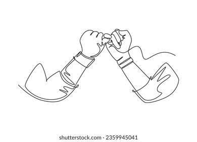 Single continuous line drawing two hands hook each other their little fingers. Friendship bond with two people in harmony. Promise or peace concept. Dynamic one line graphic design vector illustration