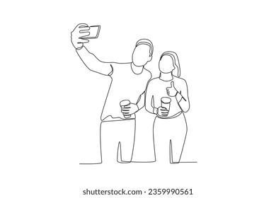 Single continuous line drawing of two friends taking selfie
