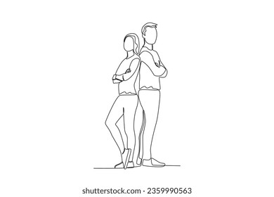 Single continuous line drawing of two friends leaning on each other

