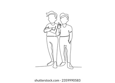 Single continuous line drawing of two male friends posing while capturing the moment
