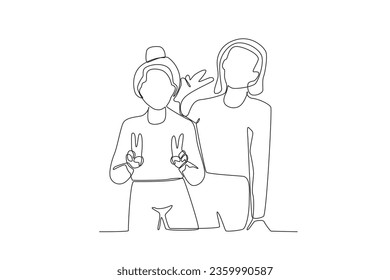 Single continuous line drawing of two friends posing while capturing the moment
