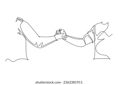 Single continuous line drawing of two men wearing shirt handshaking to show sportsmanship at match field. Teamwork together in sport concept. Dynamic one line draw graphic design vector illustration