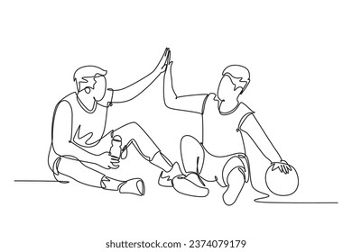 Single continuous line drawing two young happy men take a rest after playing basketball at court, giving high five gesture. Sport game concept. Dynamic one line draw graphic design vector illustration