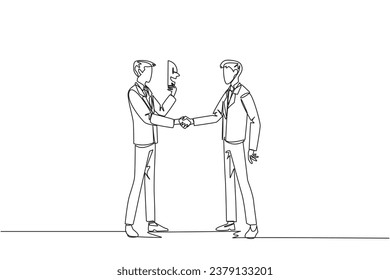 Single continuous line drawing two businessmen shaking hands. One of them has two faces. Full of falsehood. Fake friend. Worst teamwork. Business betrayal. Traitor. One line design vector illustration