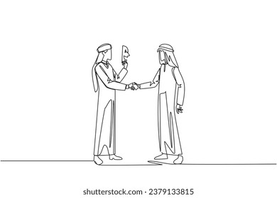 Single continuous line drawing two Arabian businessmen shaking hands. One of them has two faces. Full of falsehood. Fake friend. Worst teamwork. Betrayal. Traitor. One line design vector illustration