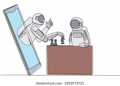 Single continuous line drawing two astronaut sitting at table and playing online chess. One player shows how to play from smartphone. Cosmonaut deep space. One line graphic design vector illustration