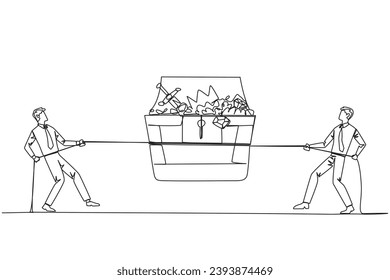 Single continuous line drawing two businessmen fight over an open treasure chest. Greed wants anything. Business competition that harms nature and its surroundings. One line design vector illustration
