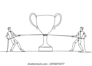 Single continuous line drawing two businessmen fighting for a trophy. Strive to be a winner. Always get satisfactory business results. A very appreciated business. One line design vector illustration