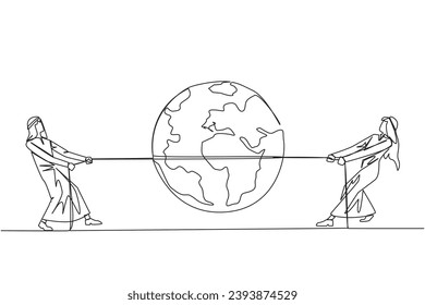 Single continuous line drawing two Arabian businessmen fighting over globe. Fighting over territory. Expanding the business land. Get maximum profit. Work smart. One line design vector illustration