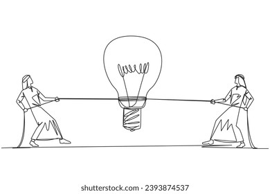 Single continuous line drawing two Arabian businessmen fighting over a lightbulb. Competition looks for the brilliant ideas and innovations for company progress. One line design vector illustration