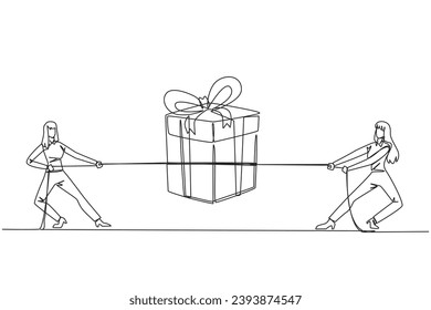 Single continuous line drawing two businesswomen fighting over a gift box. Trying to get each other bonuses. Bonus for each other's hard work. Work smarter than before. One line vector illustration