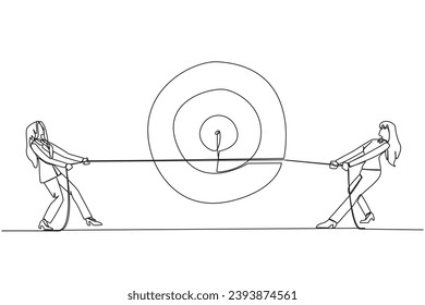 Single continuous line drawing two businesswomen fighting over an arrow target board. Trying get the best focus. Trying to achieve goals to advance the business. One line design vector illustration