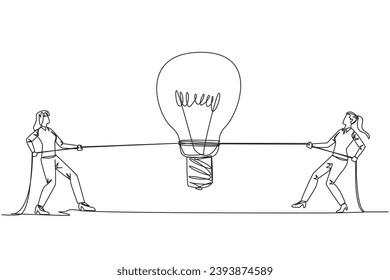 Single continuous line drawing two businesswomen fighting over a lightbulb. Compete to find solution. Compete to find new, fresher ideas. For the good of company. One line design vector illustration