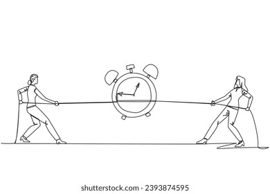 Single continuous line drawing two businesswomen fighting over an alarm clock. Competition to get rare antique clocks. Put in all the best efforts. Battle. Versus. One line design vector illustration