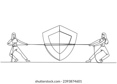 Single continuous line drawing two businesswomen fighting over shield. Compete to protect. Maintain multi-layered data security. Website security administrator. One line design vector illustration