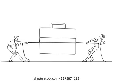 Single continuous line drawing two businessmen fighting over briefcase. Competing to gain trust to expand the business overseas. Compete healthily. Looking profit. One line design vector illustration