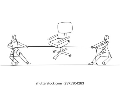 Single continuous line drawing two Arabian businesswomen fighting over an office chair. The fight for the highest position in office. For ease of doing business. One line design vector illustration