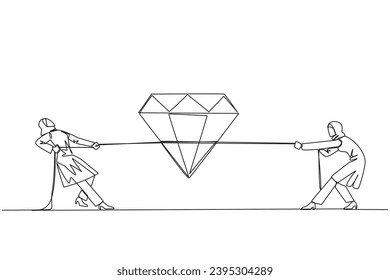 Single continuous line drawing two Arabian businesswomen fighting over diamond. Fight to get results of the hard work that really deserve. The rewards are worth it. One line design vector illustration