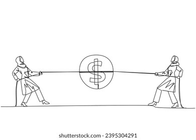 Single continuous line drawing two Arabian businesswomen fighting over coin with dollar symbol. Competition to maintain currency exchange rates. Stabilizes market prices. One line vector illustration