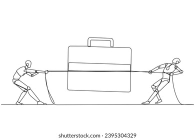 Single continuous line drawing two robots fighting over briefcase. Compete fiercely to increase user trust. The future of sophistication technology for marketing. One line design vector illustration