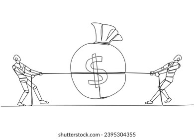 Single continuous line drawing two robots fighting over a money bag. Misunderstood artificial intelligence. Fighting over money that is not the rights. Technology. One line design vector illustration