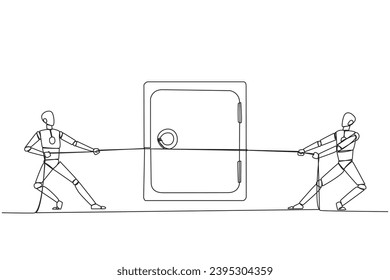 Single continuous line drawing two robots fighting over a safe deposit box. Competition for the best code for robot development stored in a safe place. Future tech. One line design vector illustration