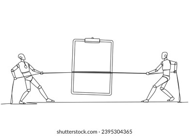 Single continuous line drawing two smart robots fighting over a clipboard. Battle like a cowboy. Compete to write a list of robot development needs. Future tech. One line design vector illustration