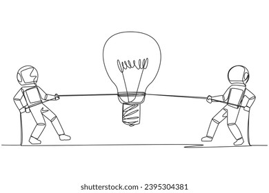 Single continuous line drawing two astronauts fighting over lightbulb. Compete to find solutions to problems faced outer space. Lack of unity. Cosmonaut deep space. One line design vector illustration