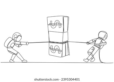 Single continuous line drawing two astronauts fighting over banknotes. Fight for a training scholarship for expedition to the moon. Fight for dreams. Outer space. One line design vector illustration