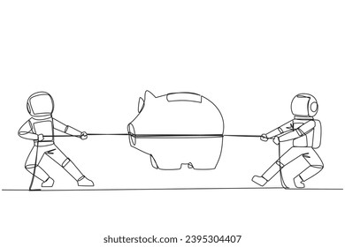 Single continuous line drawing two astronauts fighting over a piggy bank. Fighting for reserve funds to carry out an expedition to the lunar surface. Outer space. One line design vector illustration