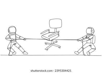Single continuous line drawing two astronauts fighting over an office chair. Compete to be the administrator of the departure to the lunar surface. Outer space. One line design vector illustration