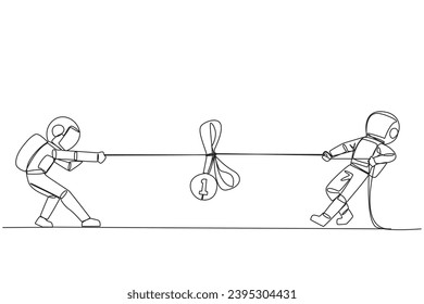 Single continuous line drawing two astronauts fighting for medal award. Fierce battles are number one in expedition activities into outer space. Galaxy deep space. One line design vector illustration