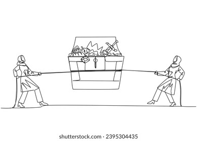 Single continuous line drawing two Arabian businesswomen fight over an open treasure chest. The battle of two greedy businesswomen. Want to control everything. One line design vector illustration
