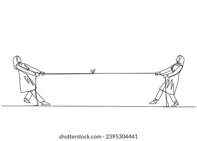 Single continuous line drawing two Arabian businesswomen pulling each other's rope. Little game. Look for weaknesses to the team's strengths. Bonding. Togetherness. One line design vector illustration