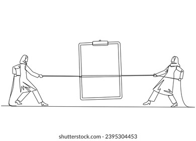 Single continuous line drawing two Arabian businesswomen fighting over a clipboard. Fight for tool that make work easier. Detailing data on profitable clients. One line design vector illustration