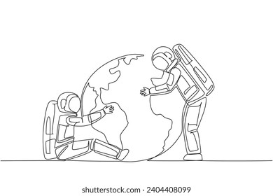 Single continuous line drawing two astronauts hugging globe. Best message from a spaceman: Protect the earth with all  efforts. Re-green beloved earth. Save planet. One line design vector illustration