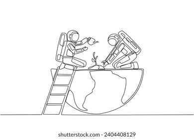 Single continuous line drawing two astronauts work together to plant seeds and water it. Slowing depletion of the ozone layer. Cosmonaut caring a lot to the earth. One line design vector illustration