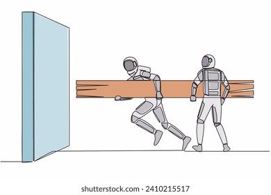 Single continuous line drawing two astronaut holding large log together to destroying wall. Teamwork in space technology development. Cosmonaut deep space. One line graphic design vector illustration