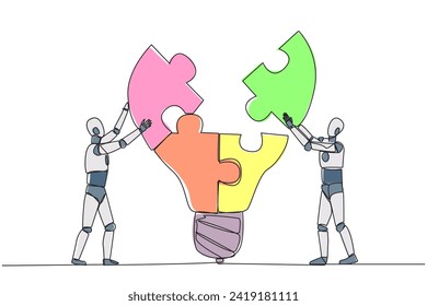Single continuous line drawing two robots work in teams to complete a lightbulb-top puzzle. Working together to produce brilliant ideas. Teamwork future robots. One line design vector illustration