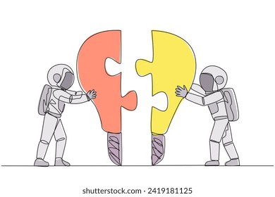 Single continuous line drawing two astronauts pushing two lightbulb-shaped puzzle pieces. Metaphor brings together two ideas. Teamwork of two astronauts. Cosmonaut. One line design vector illustration