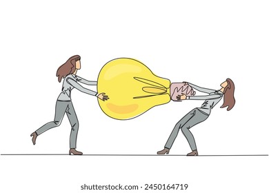 Single continuous line drawing two businesswoman fighting over lightbulb. Both of them differed, feeling most right. Emotional businesswoman. Versus. Conflict. One line design vector illustration