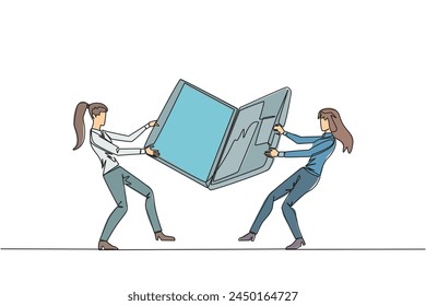 Single continuous line drawing two emotional businesswoman fighting over the laptop. Fighting for information about very good area to be the next target market. One line design vector illustration