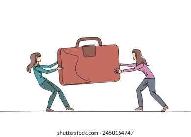 Single continuous line drawing two aggressive businesswoman fighting over the briefcase. Fight over the client data contained in the bag. Businesswoman attack. One line design vector illustration