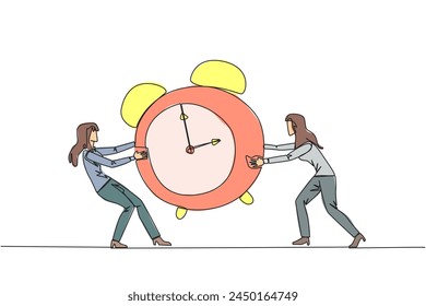 Single continuous line drawing two emotional businesswoman fighting over the big alarm clock. The concept of fighting for rare items for prestige. Conflict. Attack. One line design vector illustration