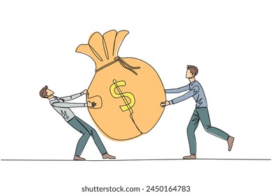 Single continuous line drawing two businessman fighting over the big money bag. Fighting for additional capital after several shares were released to the public. One line design vector illustration