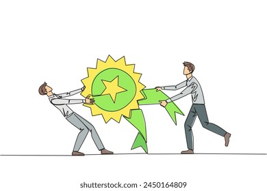 Single continuous line drawing two angry businessman fighting over medal award. Both feel worthy of the award. Businessman versus businessman. Businessman conflict. One line design vector illustration
