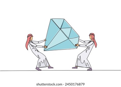 Single continuous line drawing two selfish Arabian businessman fighting over diamond. Fight over diamond mines that make profit boost for entrepreneur. Conflict. One line design vector illustration