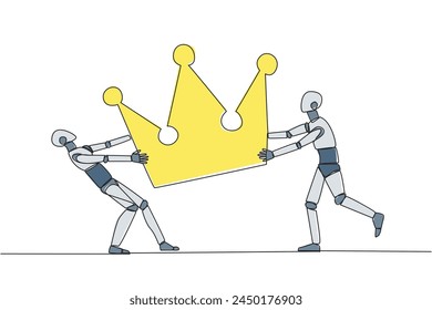 Single continuous line drawing two emotional robot fighting over the crown. Fighting for become the most successful and respected robotic. Conflict. AI technology. One line design vector illustration