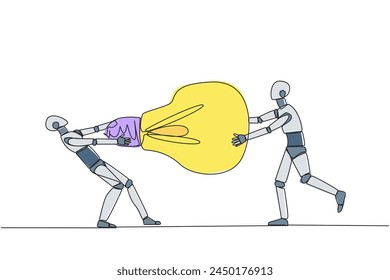 Single continuous line drawing two angry robot fighting over lightbulb. Both of them differed, feeling most right. Emotional robotic. Versus. Conflict. AI tech. One line design vector illustration